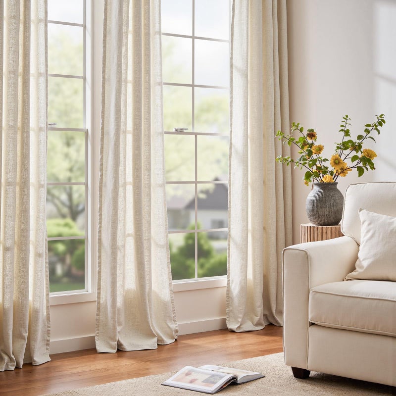 jinchan 108 inch Curtains Flax Linen Blend Semi Sheer Light Glare Filtering Extra Long Drapes for Living Room Dining Doorway Farmhouse Office Sunroom, Natural Beige, Wide 50" by Long 108", 2 Panels - Image 3